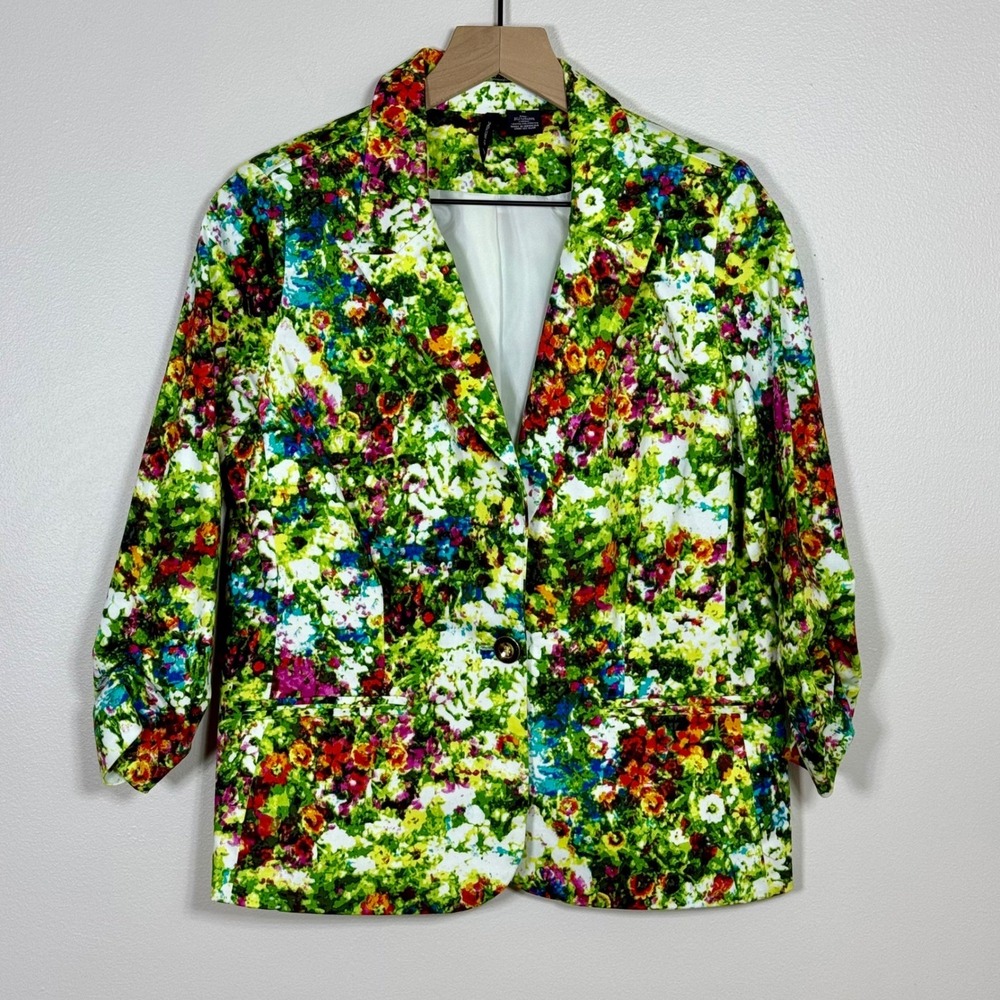 New Directions Women Blazer M Green Floral Ruched 3/4 Sleeve Bloomcore Artsy